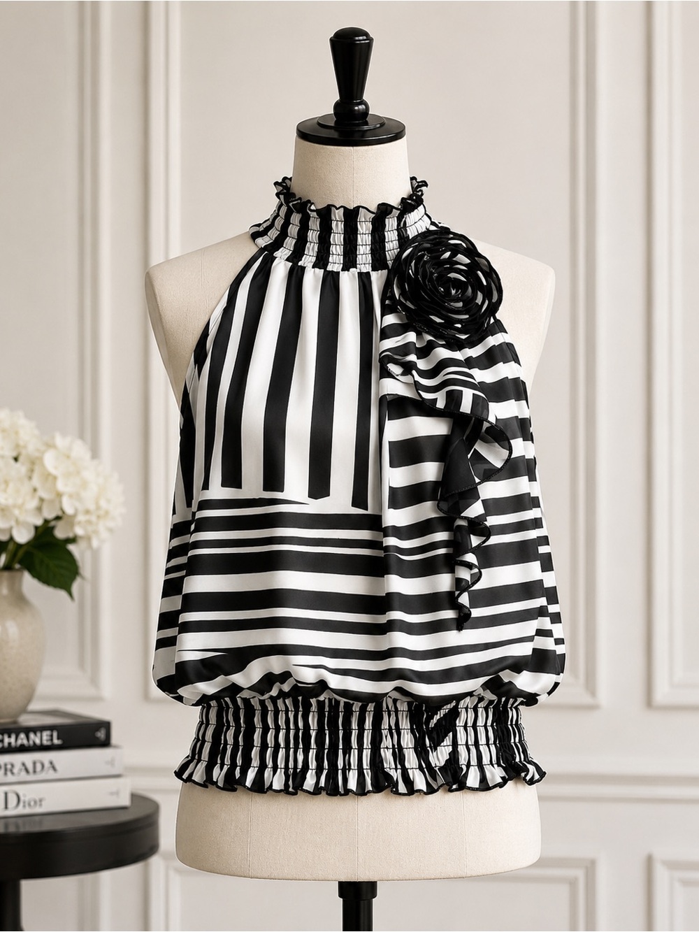 Black White Striped Sleeveless Blouse | Floral Accent Smocked Waist | Bundle & 💸